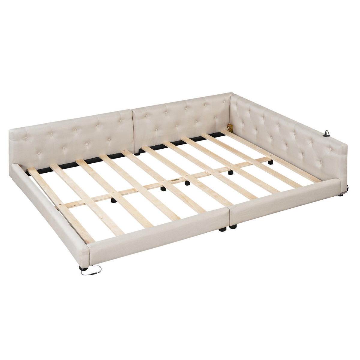 POLSTERBETT 140/200 cm aus Leinen mit LED-Beleuchtung und USB- und Type-C-Anschlüssen - Beige, Textil (140/200cm) - Flora Grace