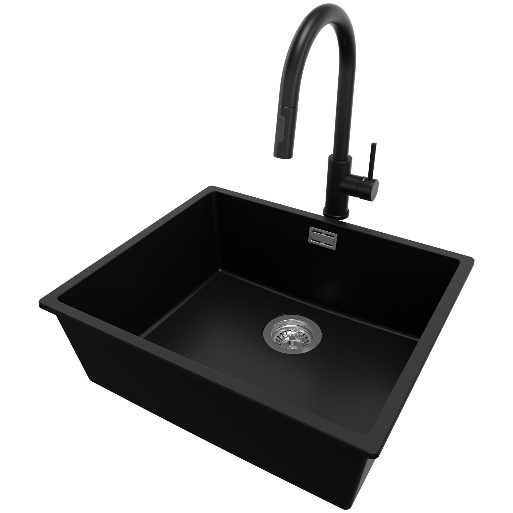 GRANITSPÜLE London Slim, 2-er set Schwarz 56/47 cm 1 Becken + Küchenarmatur 40/20 cm + Ablauf-Set ab 60er Unterschrank - Chromfarben/Schwarz, Kunststoff (56/20/47cm) - Primagran