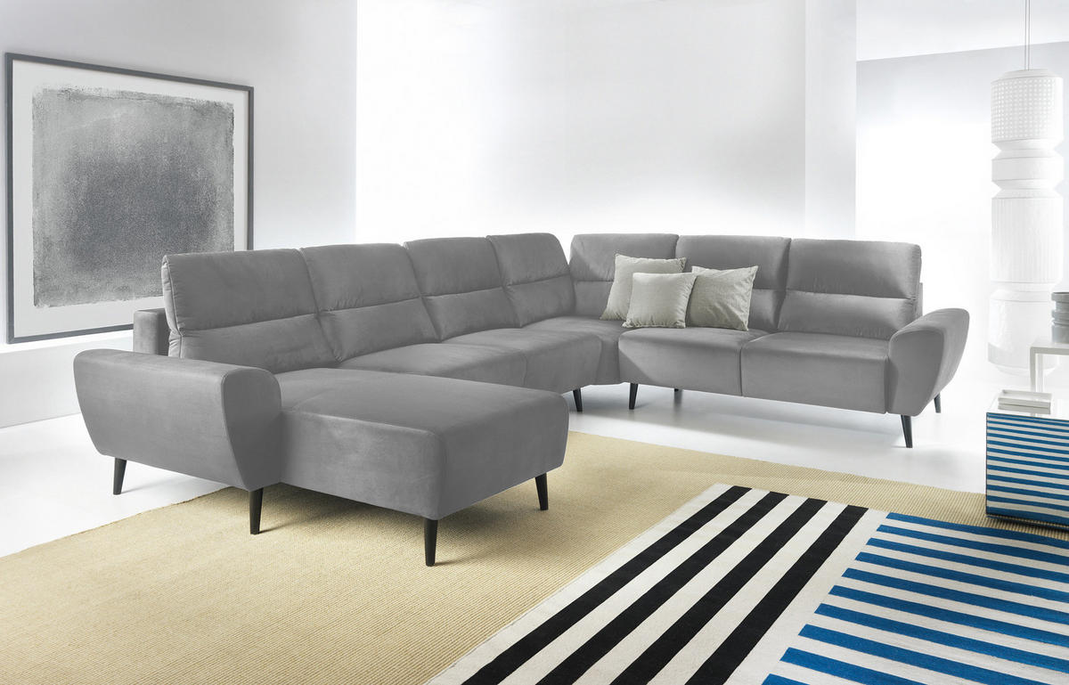ECKSOFA BOSCO U-Form, Monolith-Stoff, Freistehend, mit verstellbaren Kopfstützen, Sofa für Familien, Größe: 340x270x98cm, Farbe: Esche - Silberfarben, Holz/Textil (270/340cm) - DomoHome