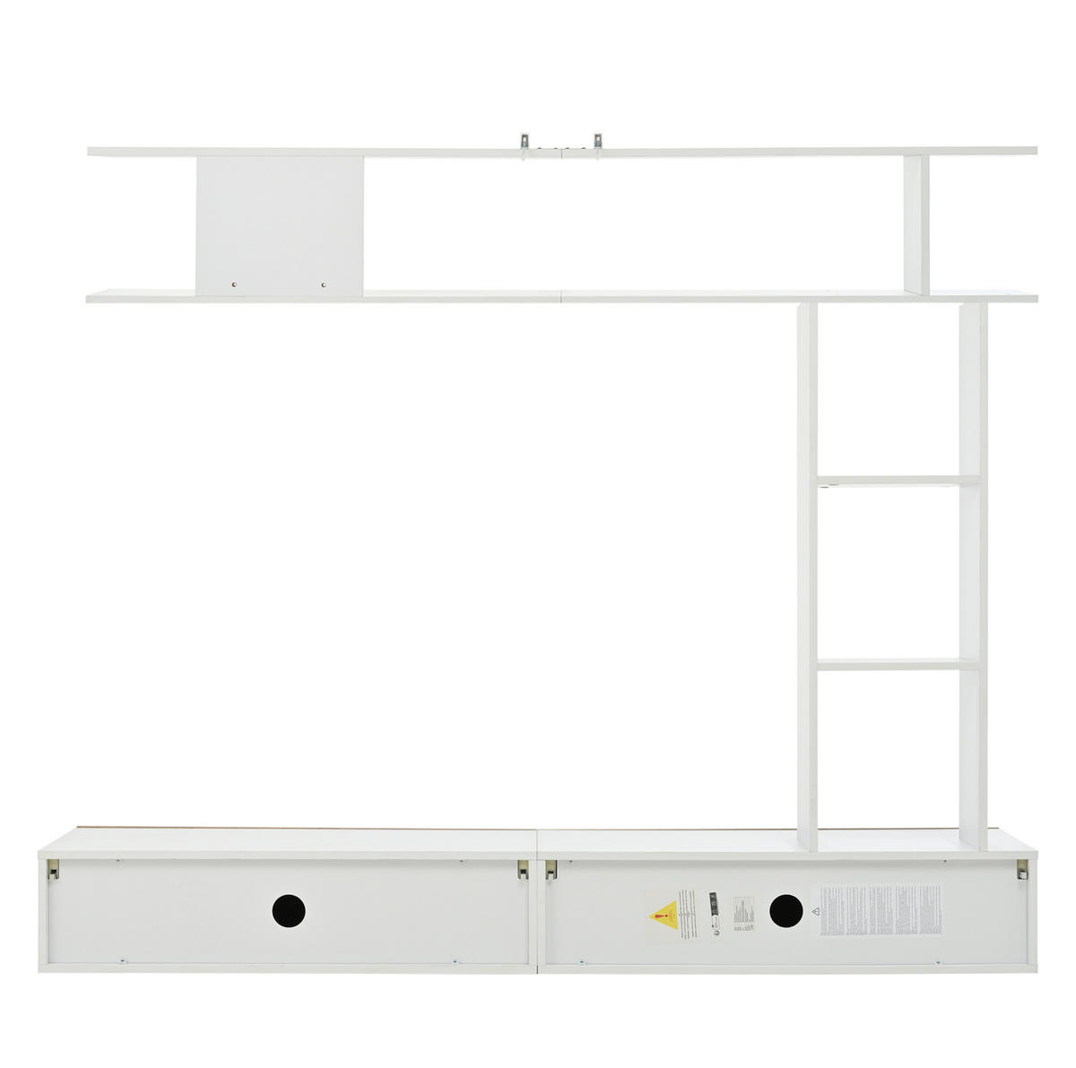 TV regal 180/35/150 cm bijelo i boja hrasta od iverala s policama i stojećom ili visećom montažom - bijela, drvni materijal (180/150/35cm) - OKWISH