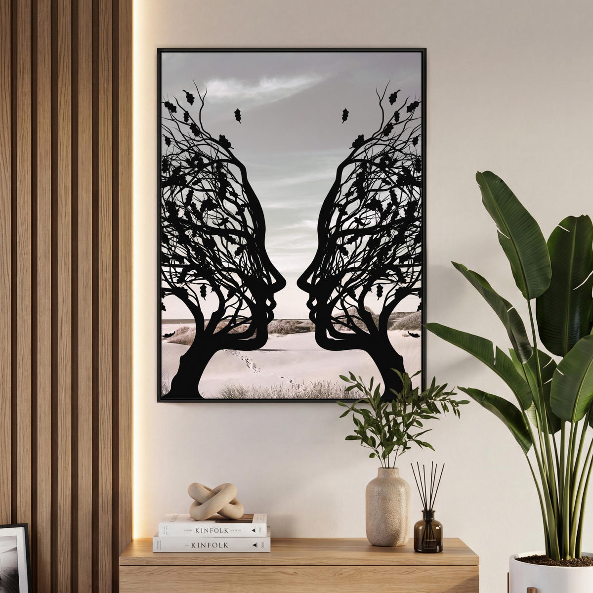 LEINWAND Bilder mit Rahmen - Strand - Meer - Menschen - Baum - Moderne Kunst - 70x100 - Hellgrau, Textil (70/100cm) - MuchoWow