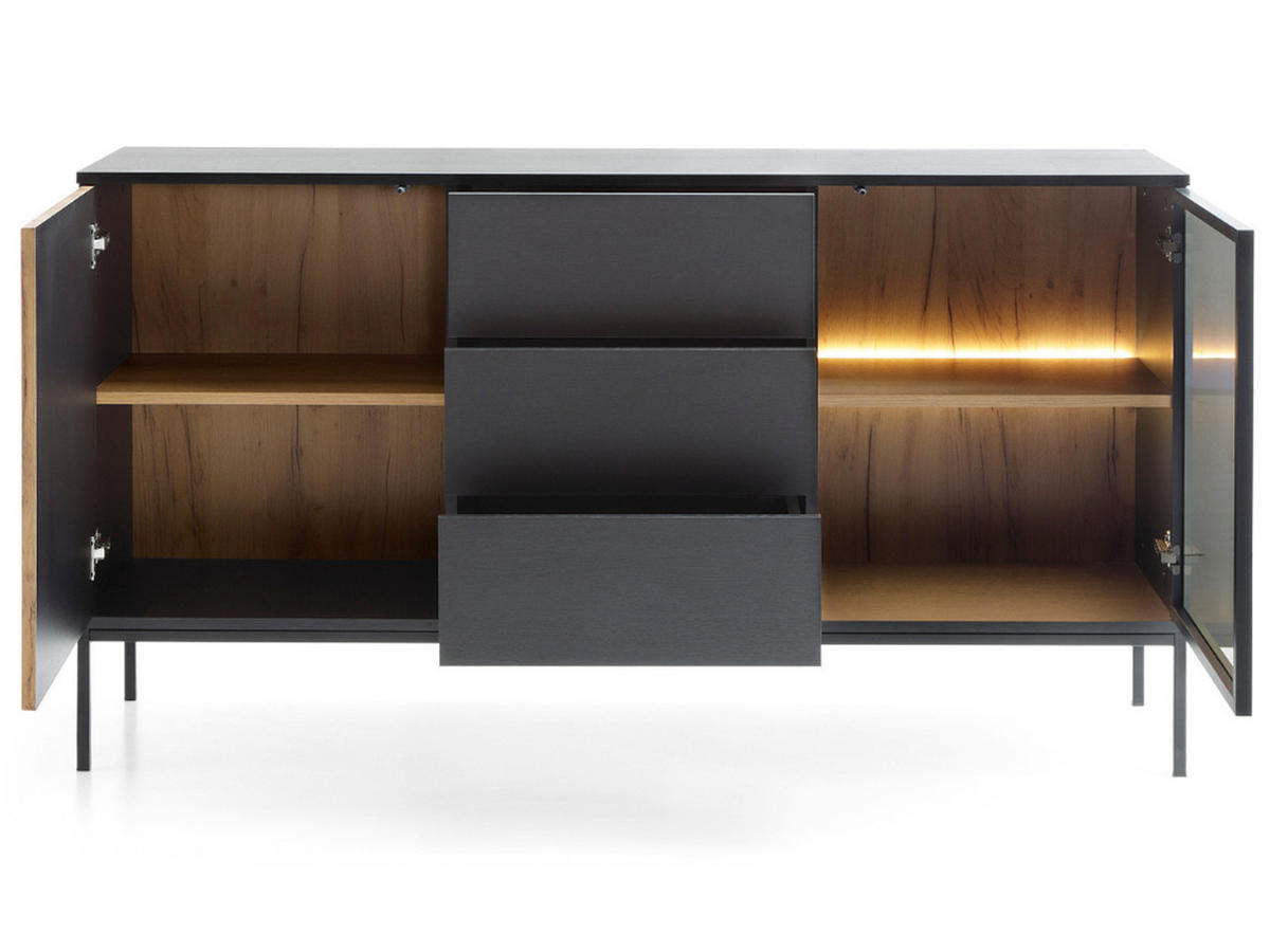 KOMMODE Graphit, Wotan Eichefarben 154/83/39 cm Deo - Eiche Wotan/Schwarz, Naturmaterialien/Glas (154/83/39cm) - Graingold
