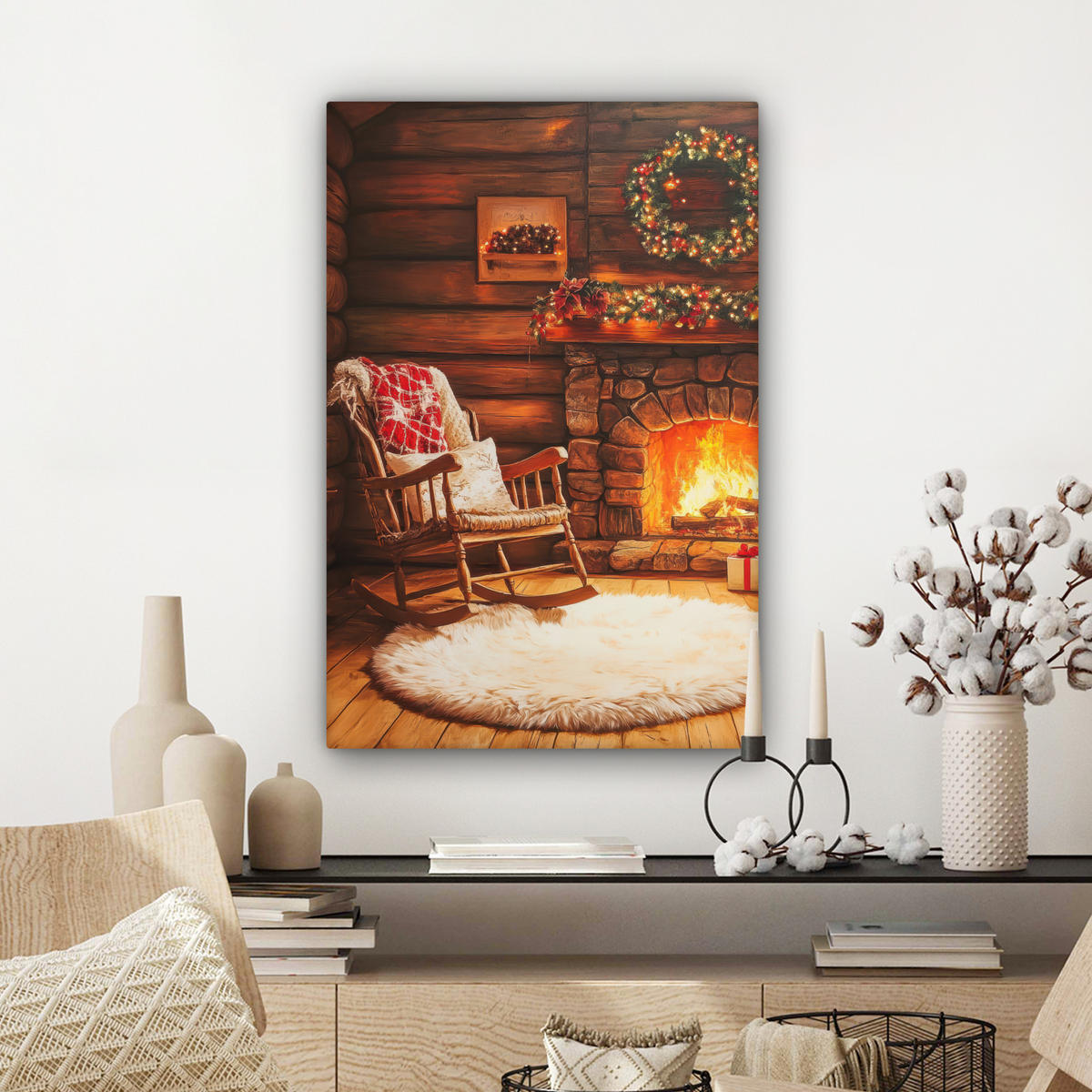 LEINWANDBILD Winter - Weihnachten - Zuhause - Kamin 60x90 cm - Bernsteinfarben, Textil (60/90cm) - MuchoWow