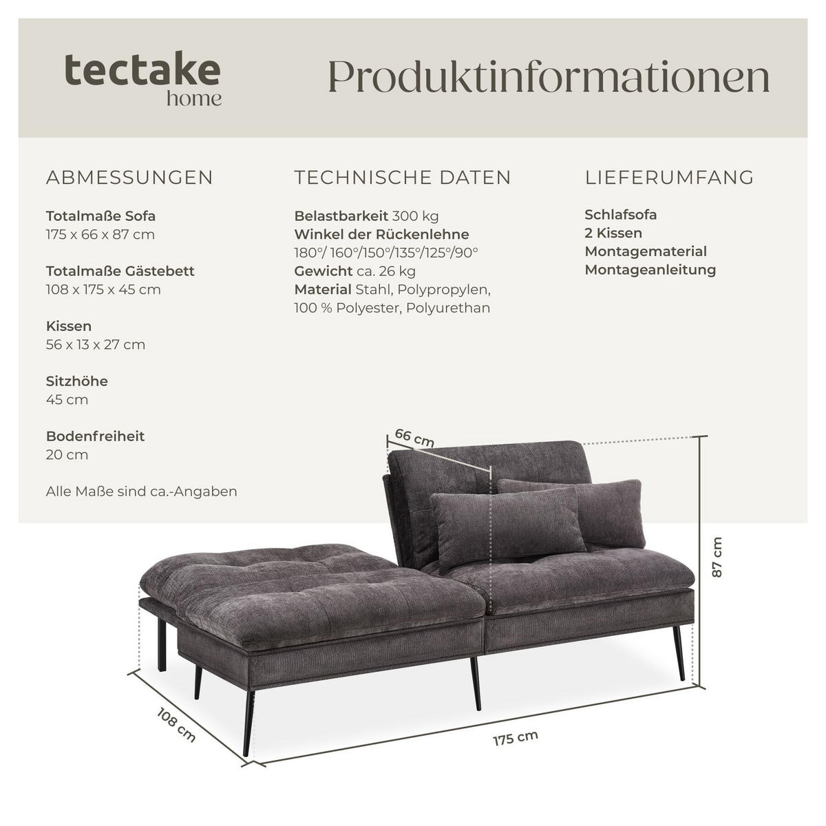 SCHLAFSOFA Tokio, Belastbarkeit 300 kg, 175 x 66 x 87 cm, grau - Grau, Kunststoff/Textil (108/45/175cm) - tectake