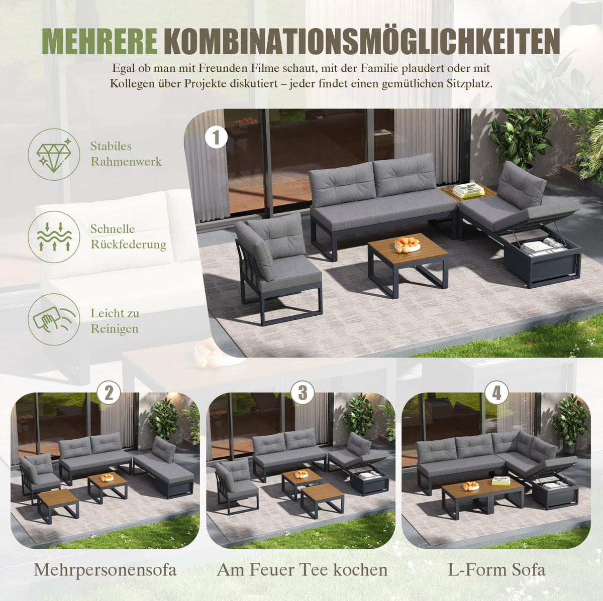GARTENSET aus Polyester 191,5x191,5x79 cm Grau mit 3-stufig verstellbarer Liegefunktion und Stauraum - Grau, Textil - Modfu