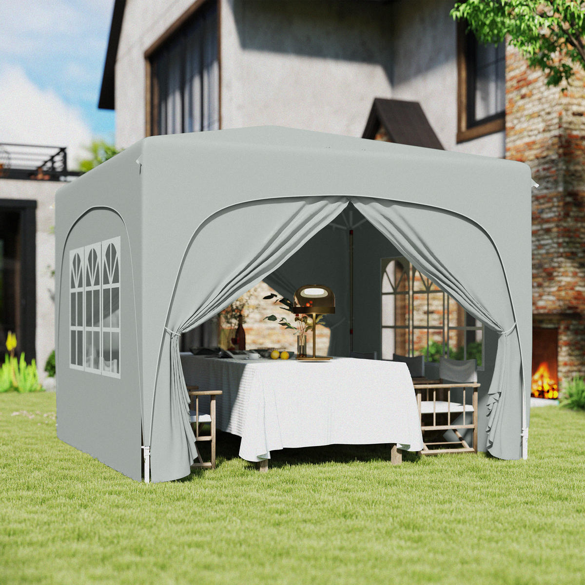 PAVILLON DE-07438 mit Seitenwänden, UPF50+, höhenverstellbar Sand - Hellgrau, Textil/Metall (300/273/300cm) - ComfortXL