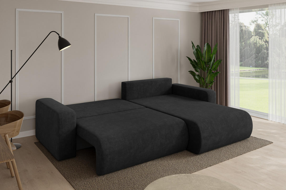 ROHOVÁ SEDAČKA s funkcí spaní, otoman vpravo BERY-L 276x193x88 černá velur - černá, kompozitní dřevo/textil (276/193cm) - ALTDECOR
