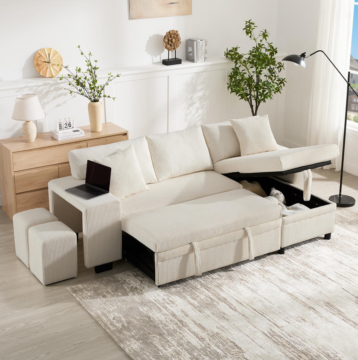 ECKSOFA 231/131.5/84 cm Beige aus Cord mit Schlaffunktion und Stauraum - Beige, Textil (131.5/231cm) - OKMYHOME
