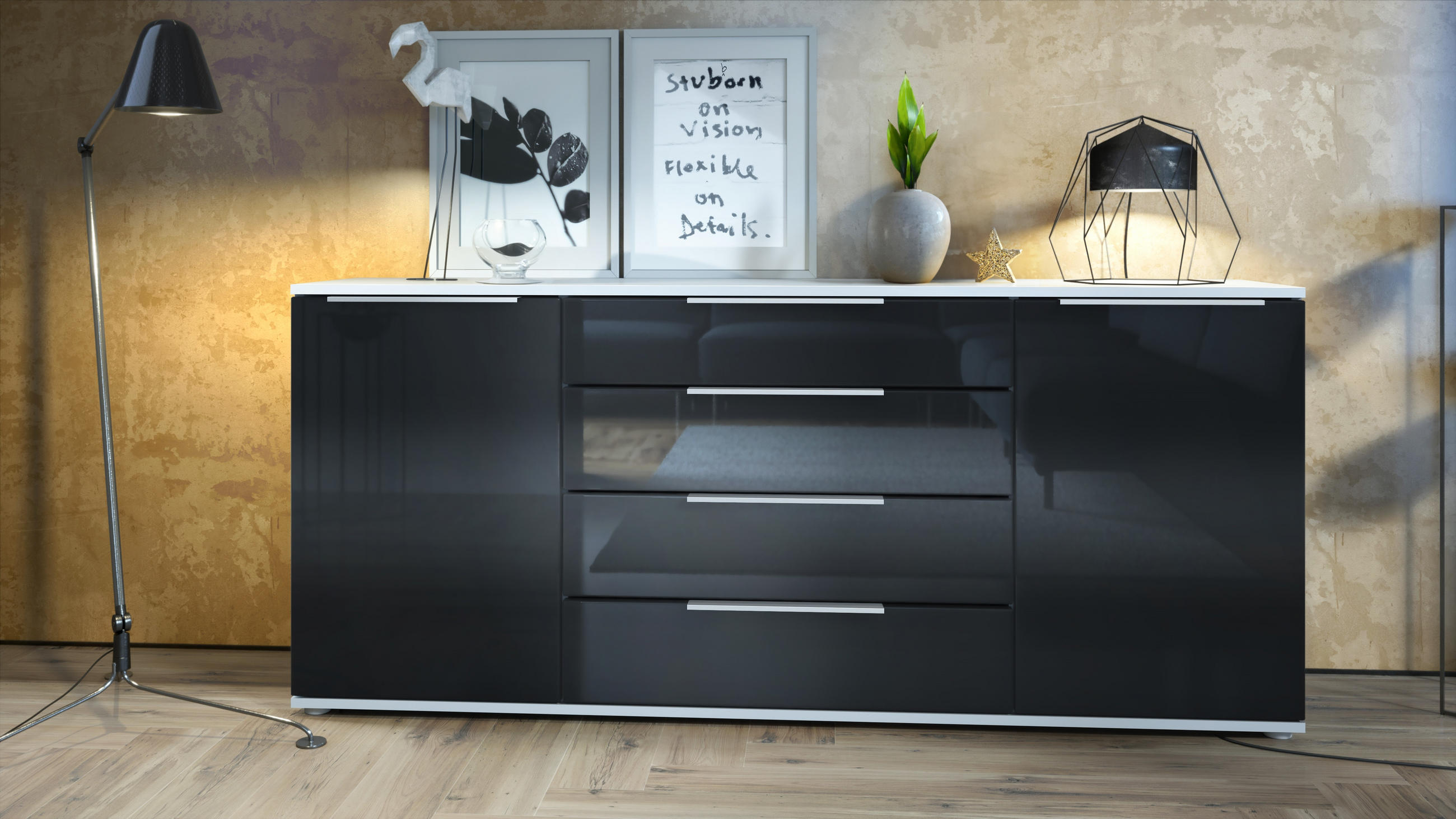 SIDEBOARD Linio Schwarz Hochglanz - Schwarz Hochglanz, Holzwerkstoff (166.5/75.5/35cm) - Vladon