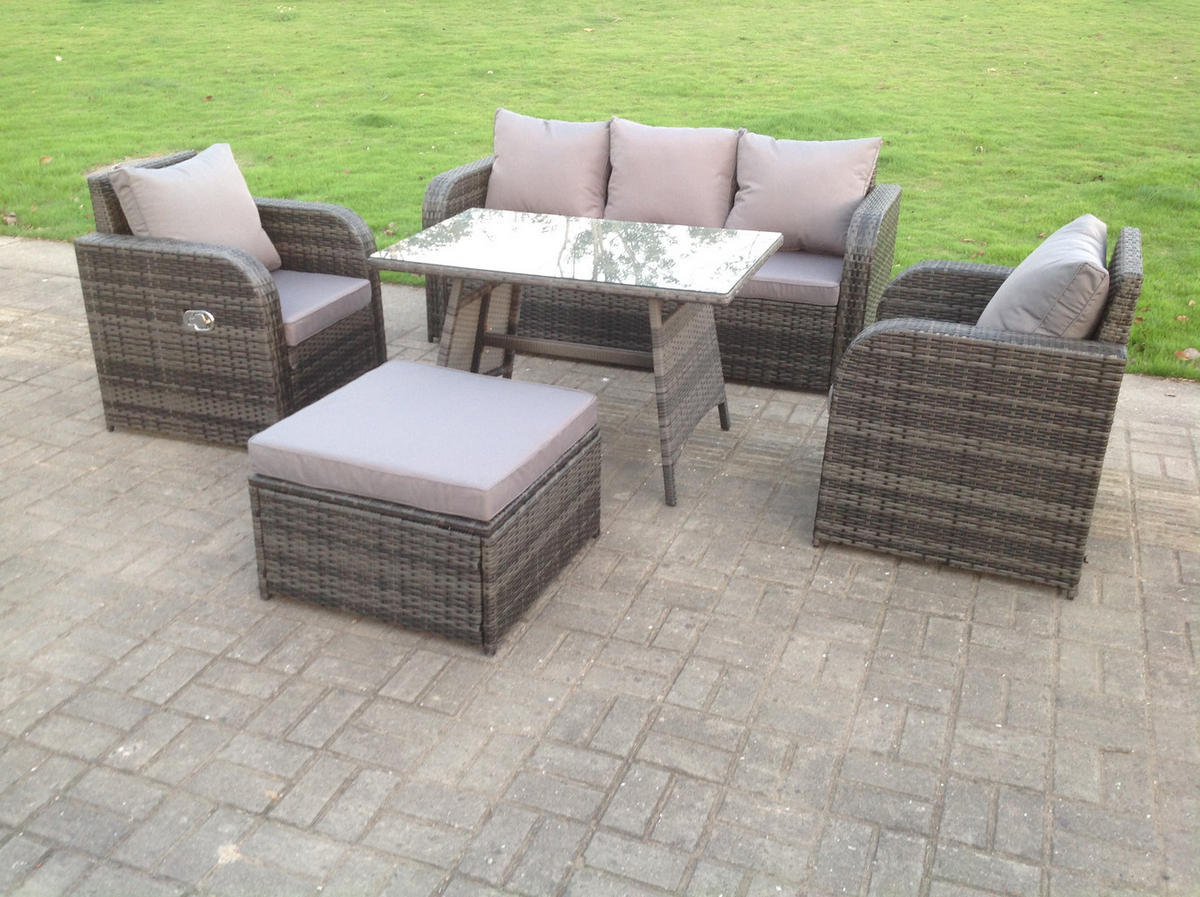 LOUNGESOFA SET mit Hocker Polyrattan 6-Sitzer - Dunkelgrau/Grau, Glas/Kunststoff - Fimous