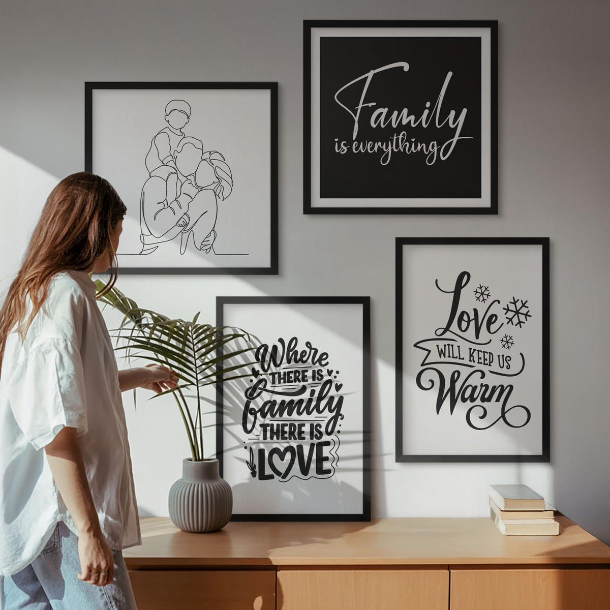 BILDER SET 4er Set - 50x50 cm & 40x60 cm Schwarzer Rahmen - Familie, Liebe, Wärme, Zuhause - Schwarz, Kunststoff (50/50cm) - TULUP