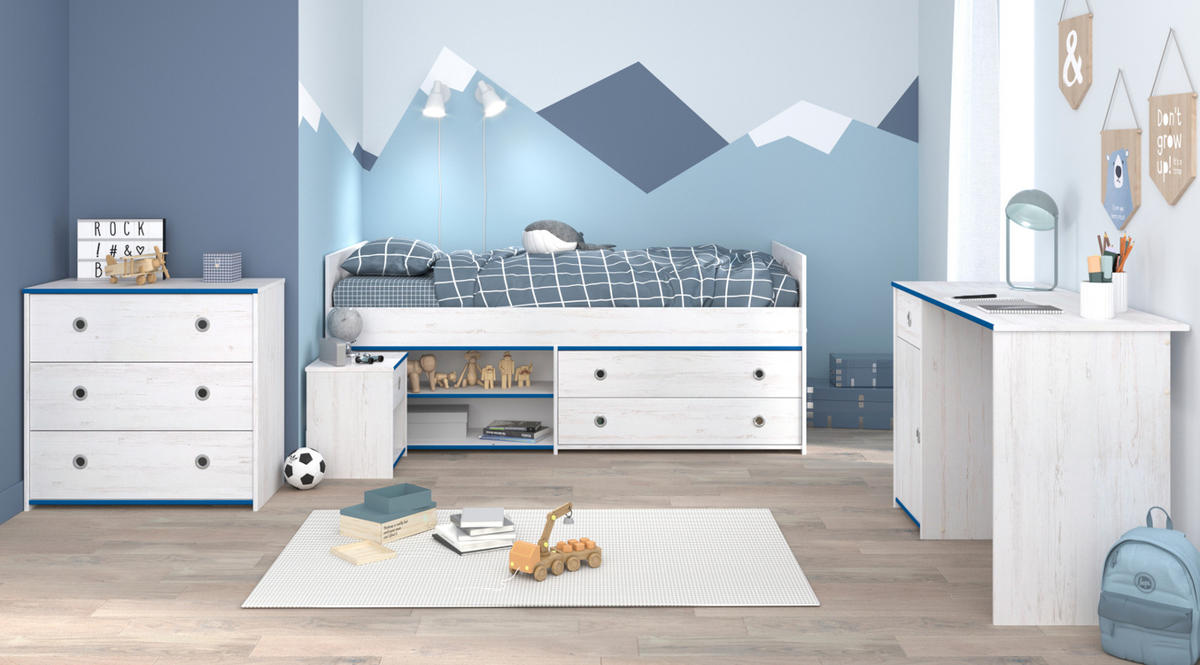 KINDERZIMMER Set Schreibtisch Kommode Nachttisch Bett 90x200 cm - Blau/Silberfarben, Holzwerkstoff/Kunststoff (95/80/203cm) - Parisot Meuble