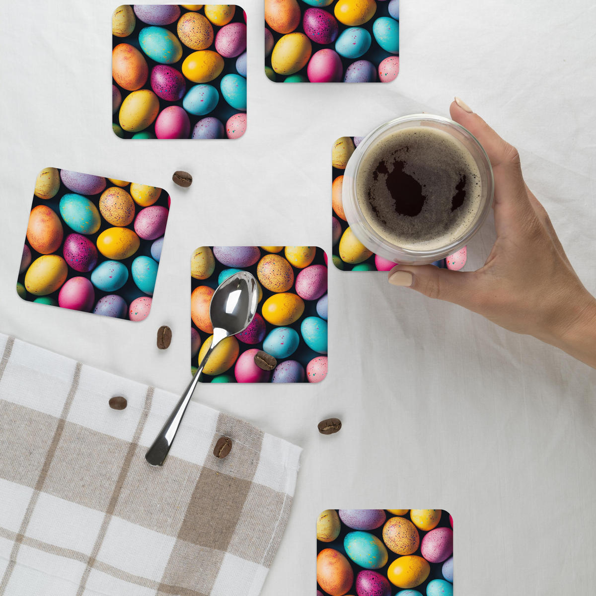 GLASUNTERSETZER 6er-Set Bunt - Ostereier - Spritzer 10x10 cm - Multicolor, Naturmaterialien (10/0.2cm) - MuchoWow