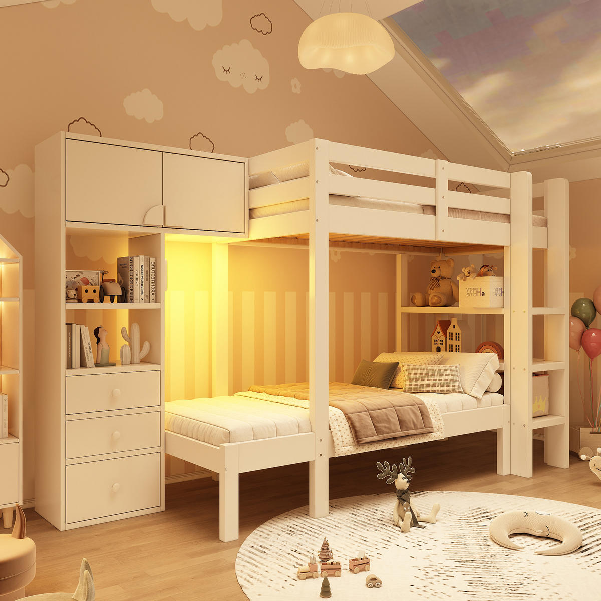 ETAGENBETT 90/200 cm & 90/200 cm in Weiß mit Schrank, 3 Schubladen, Regal und LED - Weiß, Holzwerkstoff (90/200cm) - STILVORA
