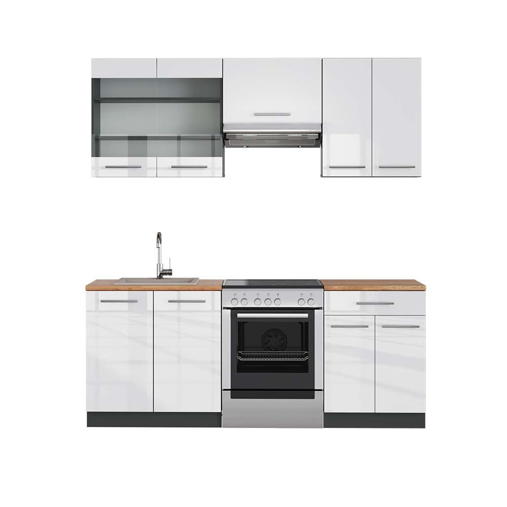 KÜCHENZEILE Fame-Line Weiß Hochglanz/Anthrazit 200 cm, AP Eiche - Weiß Hochglanz/Anthrazit, Holzwerkstoff (200/81.6/60cm) - Vicco