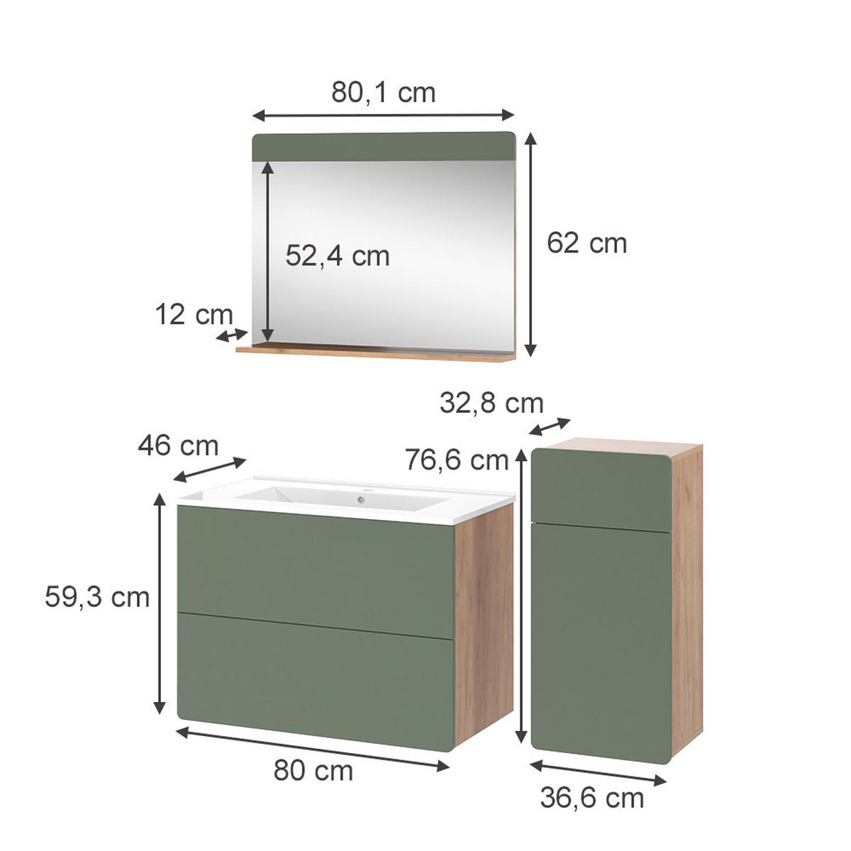 Eichefarben/Grün, Holzwerkstoff (80/59.3/46cm) - Vicco