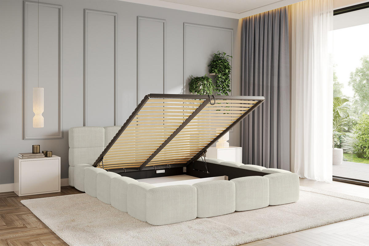 POLSTERBETT mit Bettkasten und Lattenrost, Bett mit Matratze H3/H4, Kopfteil, Boxbett, Doppelbett mit Stauraum - NATA-v1 200x200 Creme - Ecru, Holzwerkstoff/Textil (200/200cm) - ALTDECOR