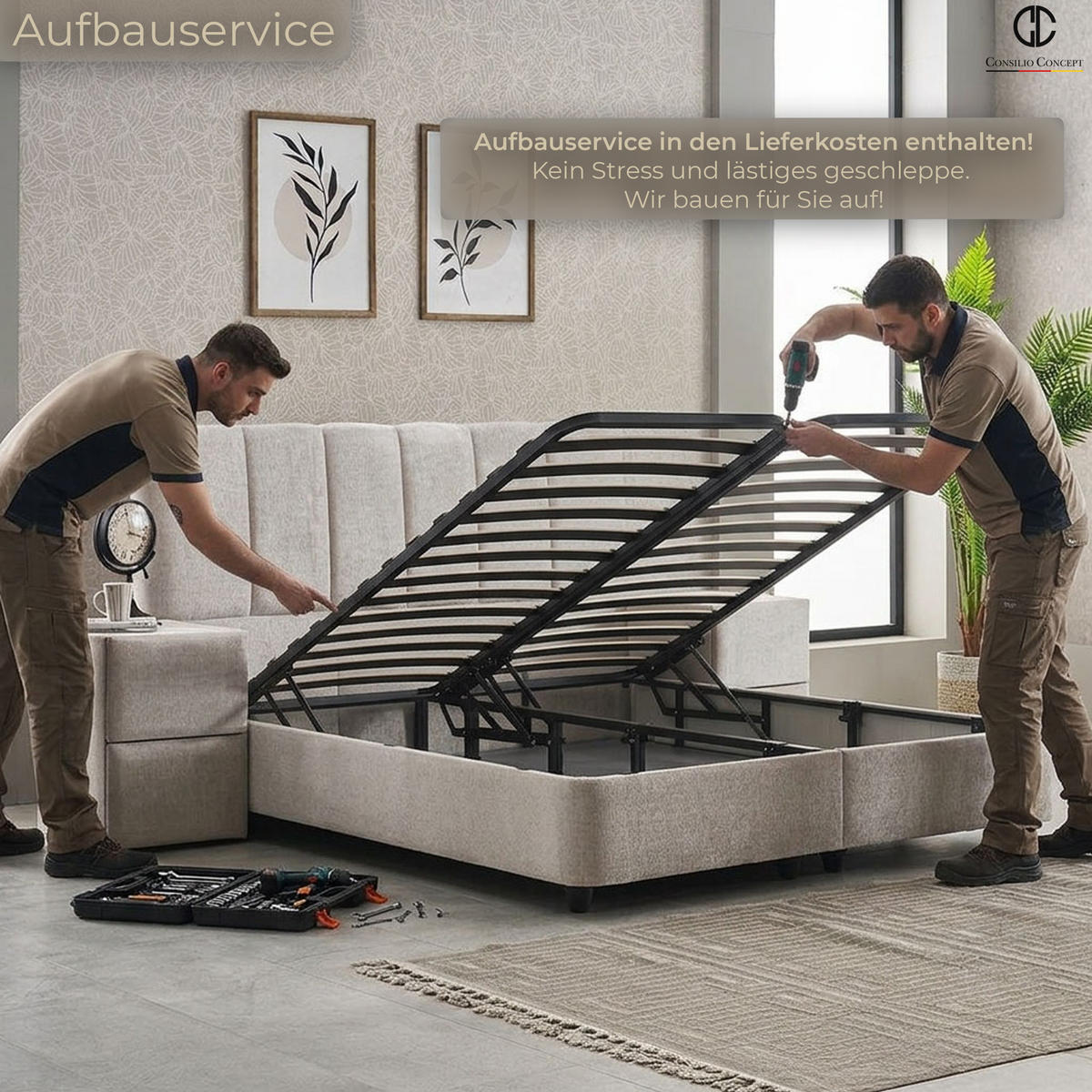 BOXSPRINGBETT MIT BETTKASTEN LISBOA 180/200 cm, Taupe, Bettkasten, Matratze, Topper integriert, H3 mittel - Taupe/Schwarz, Holz/Kunststoff (180/200cm) - Consilio Concept
