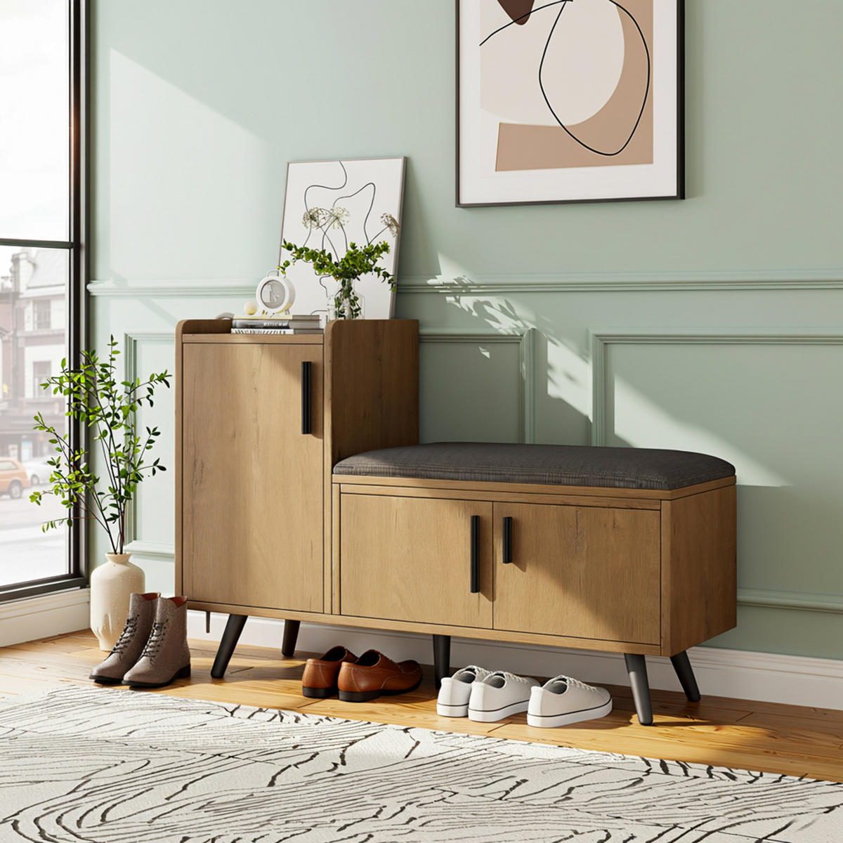 SCHUHBANK 100 cm Natur mit Stauraum, 3 Türen und gepolstertem Sitz für Flur - Naturfarben, Holzwerkstoff (100/68.5/34cm) - Urban Meuble