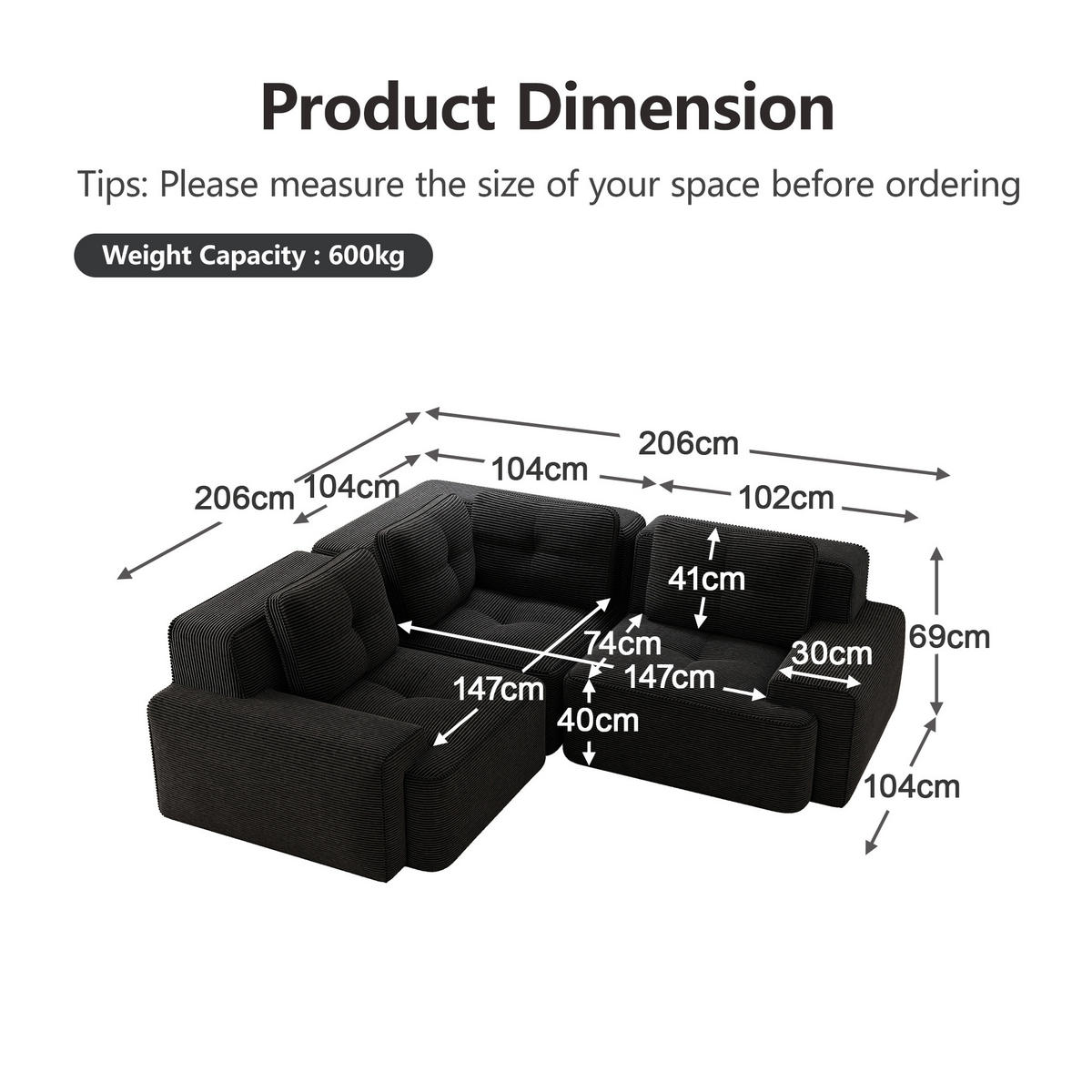 ECKSOFA 206/206/69 cm schwarz aus Cord mit modularem Design und rutschfestem Standfuß - Schwarz, Textil (206/206cm) - OKWISH