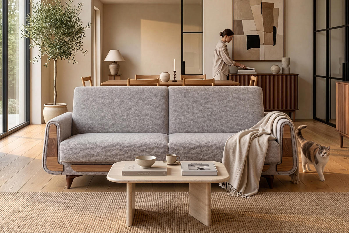 3-SITZER-SCHLAFSOFA GUSTAVO mit Armlehnen, grau - Braun/Grau, Holz/Holzwerkstoff (230/98/98cm) - KONSIMO®