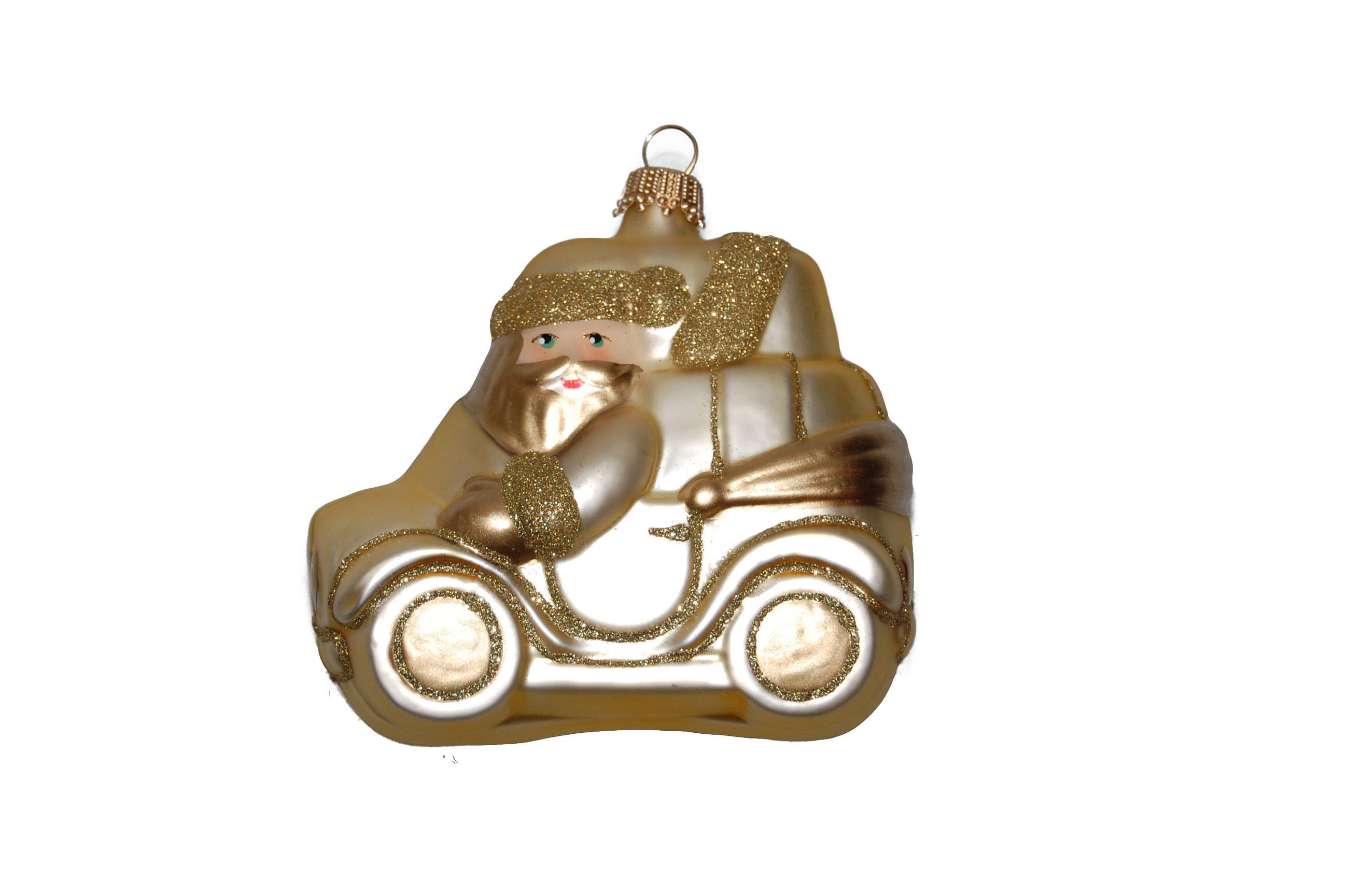 CHRISTBAUMSCHMUCK Weihnachtsmann im Auto Goldfarbig 8cm (Glas / 1 Stk.) - Goldfarben, Glas (4/9/8cm) - Krebs Glas Lauscha