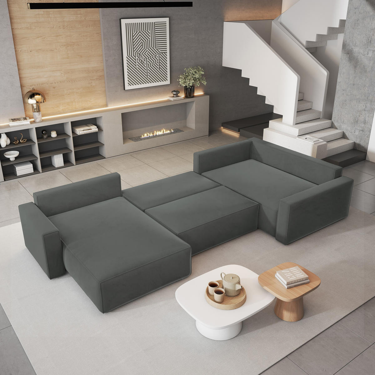 WOHNLANDSCHAFT VELAMI R-S Grau Velours-Stoff mit Schlaffunktion - Grau, Holz (365/83/194cm) - MASSENO