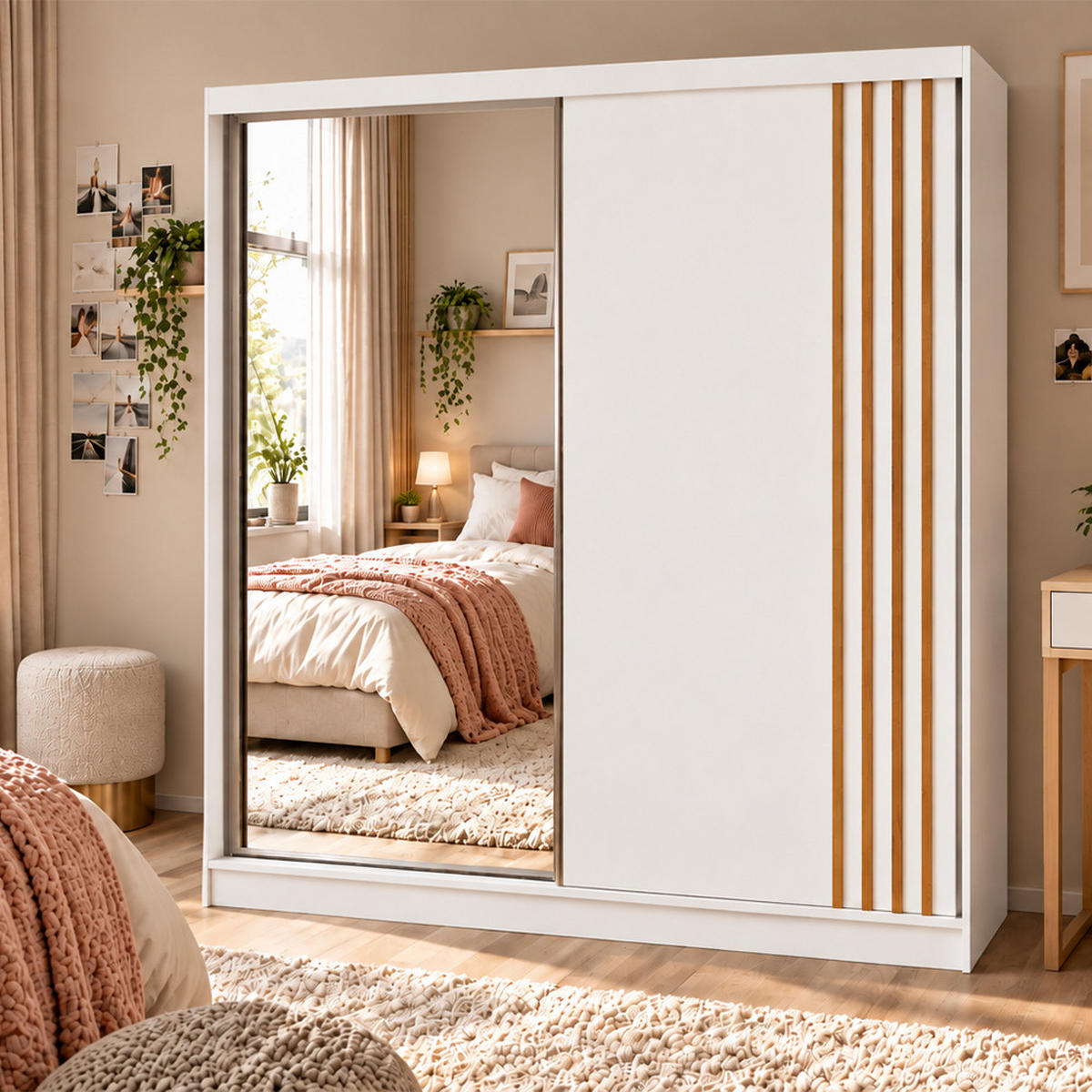 KLEIDERSCHRANK Nila 200 cm Weiß Spiegel 2 Schubladen Griffe silber - Weiß, Holzwerkstoff (200/216/61cm) - KS Home Concept