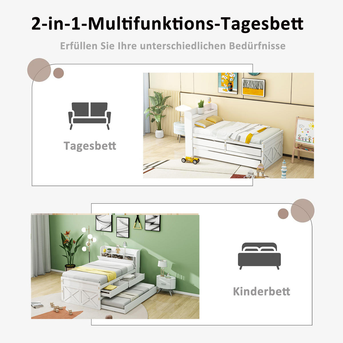 JUGENDBETT 90/190 cm in Weiß Massivholz mit Ausziehbett, 2 Schubladen und USB - Weiß, Holz/Holzwerkstoff (90/190cm) - WISHDOR