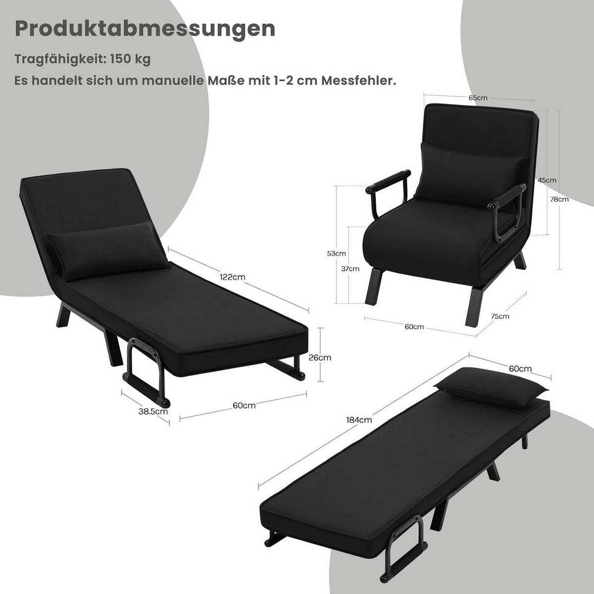 SCHLAFSESSEL 3 in 1, mit Verstellbarer Rückenlehne, Leinen Schwarz - Schwarz, Textil/Metall (65/78/75cm) - Woltu