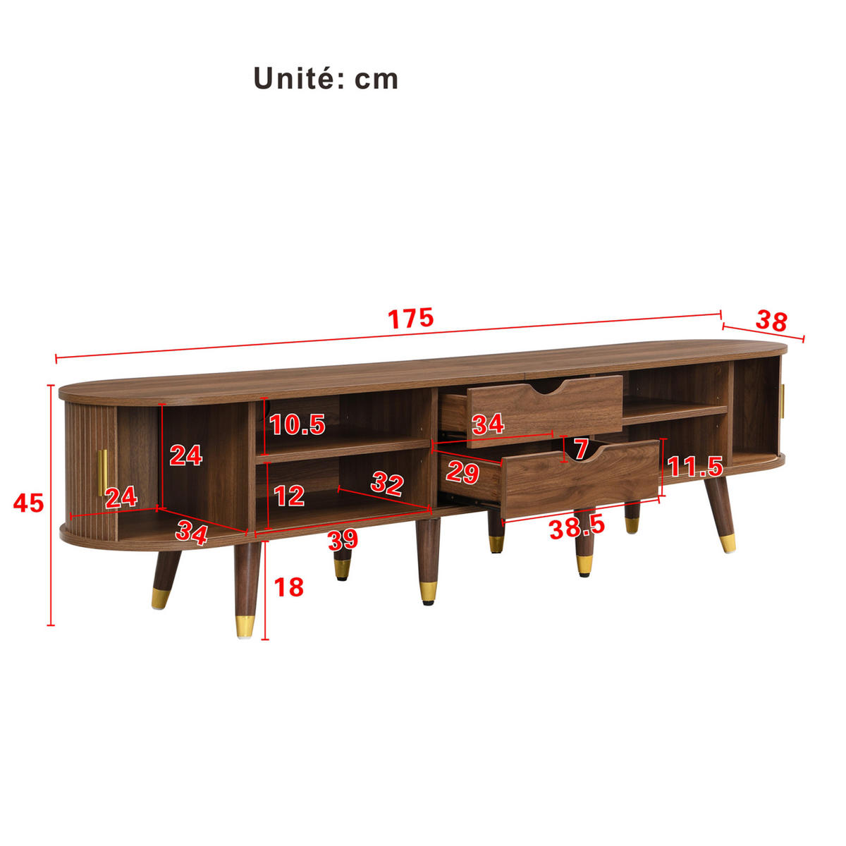 TV-ELEMENT mit Stauraum, 2 Schubladen und 2 Türen, Wohnzimmermöbel, Landhausstil - Braun, Holz/Holzwerkstoff (38/45/175cm) - GENKI LIVING