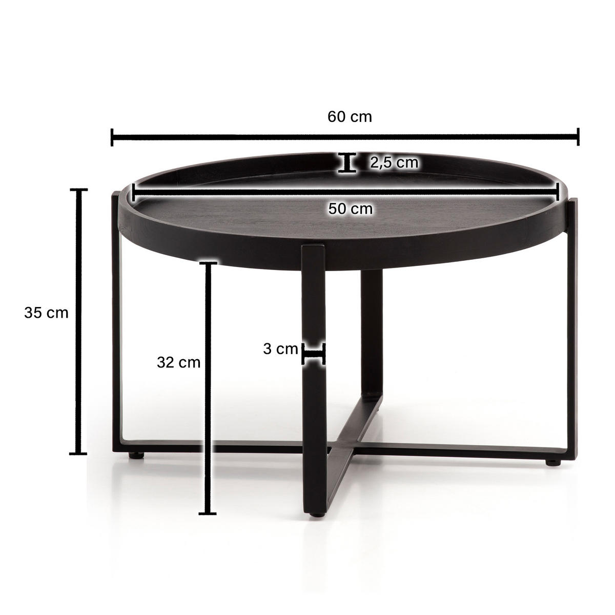 COUCHTISCH Schwarz Mango Massivholz Metall, Rund mit erhöhtem Rand, 60x60x35 cm - Schwarz, Holz/Metall (60/60/35cm) - KADIMA DESIGN