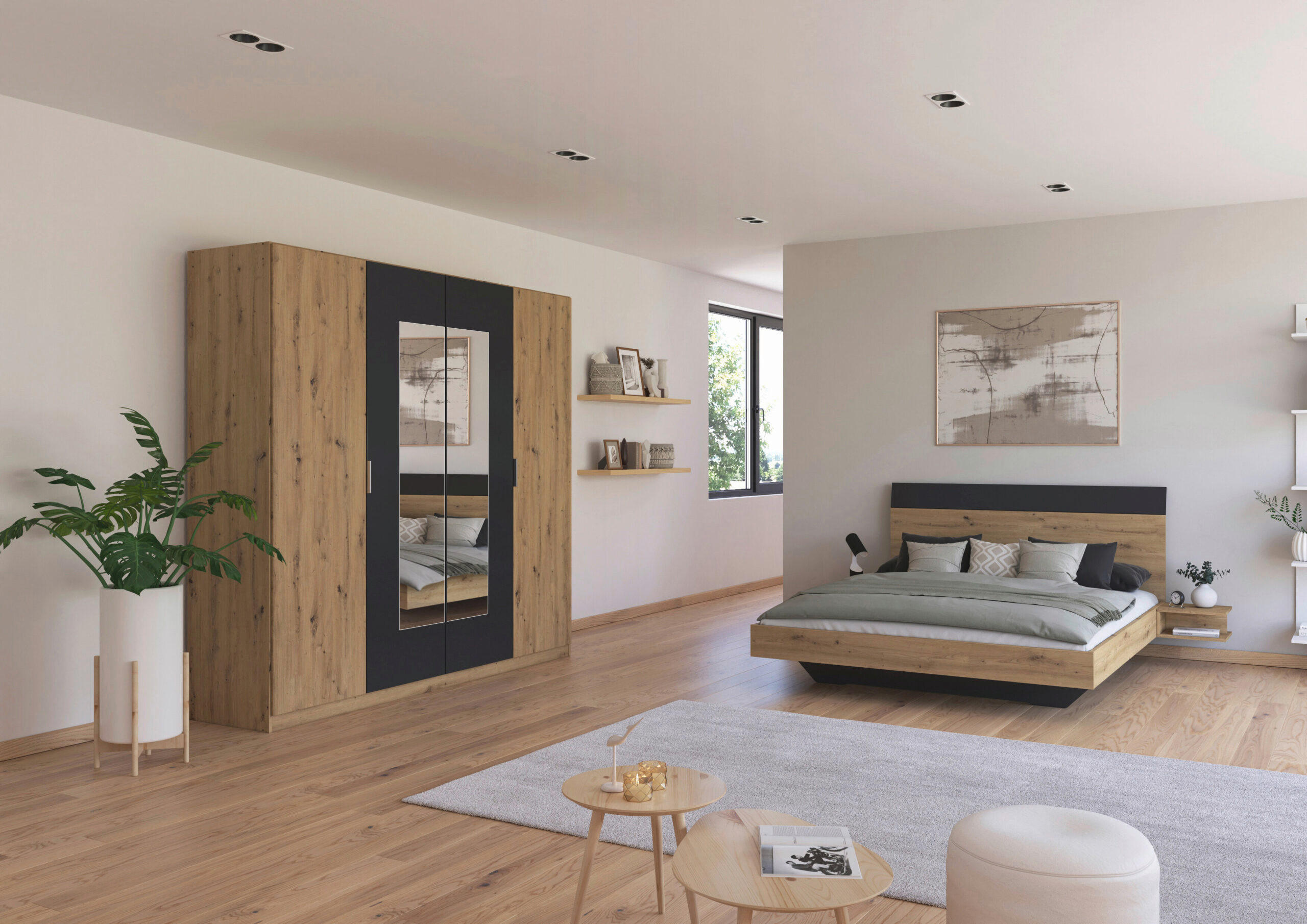 SCHLAFZIMMER Monza in Eiche Artisan und Grau Metallic mit Bettanlage 160x200cm, 2 Nachttischen und Drehtürenkleiderschrank 4türig mit Spiegel - Braun, Holzwerkstoff (80/200/120cm)