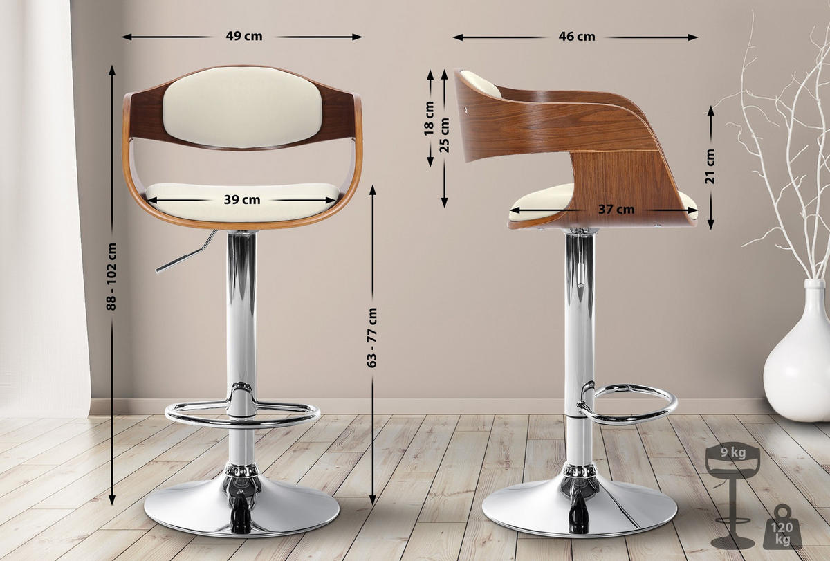 BARHOCKER Kingston Kunstleder 88-102 cm walnuss/weiß - Weiß, Leder (50/88/48cm) - furnicato