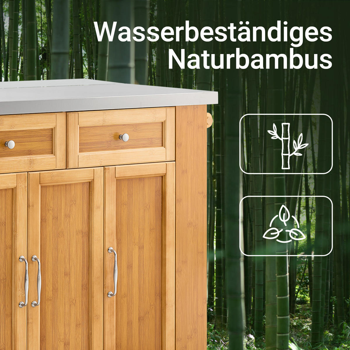 KÜCHENINSEL auf Rollen, Bambus, 107x92,5x(46–71) cm - Naturfarben, Holz/Holzwerkstoff (107/92.5/71cm) - SoBuy