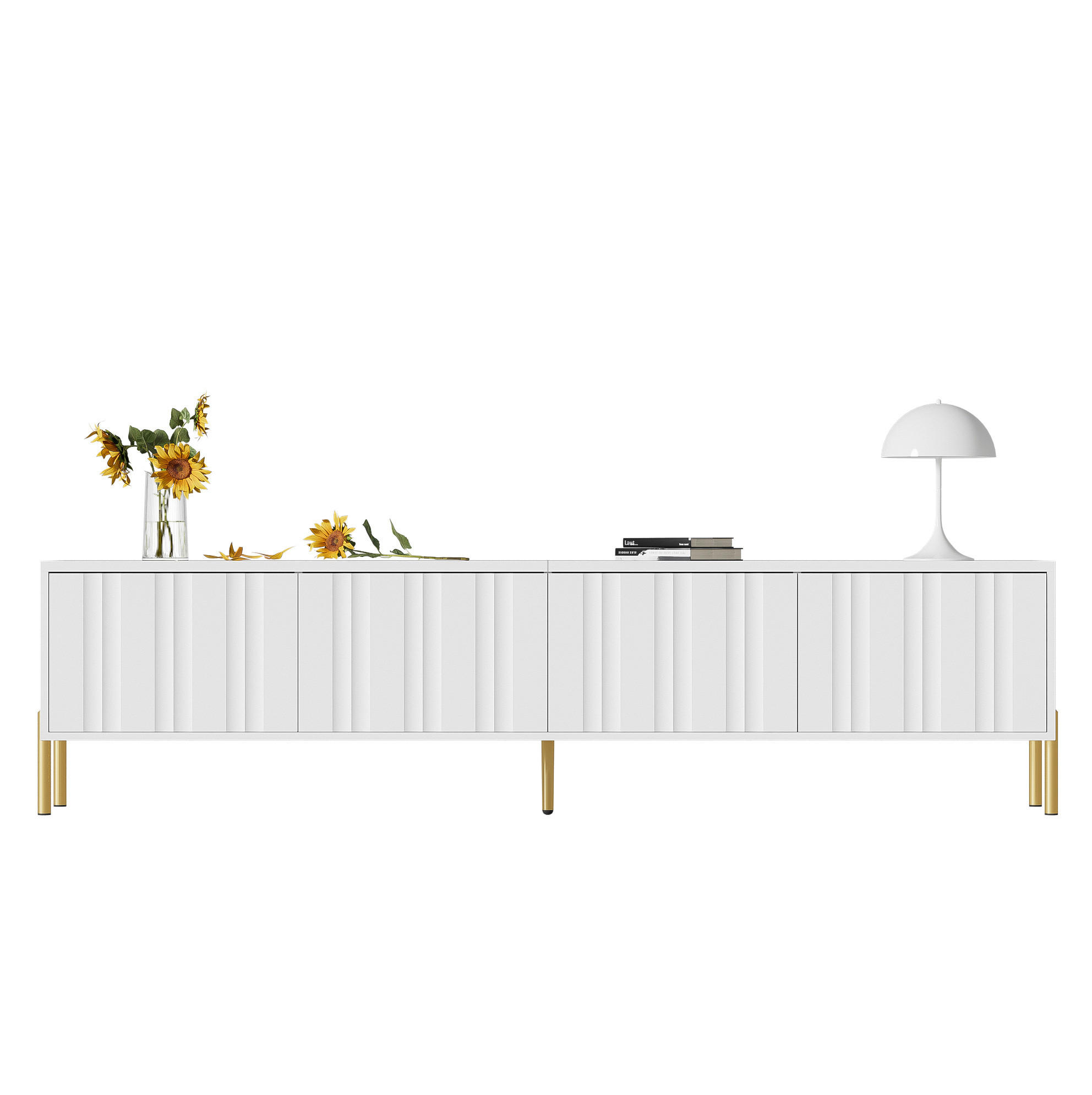 LOWBOARD 190/38/48 cm in Weiß mit 4 Türen, gerillter Front und goldfarbenen Beinen - Weiß, Holzwerkstoff (190/48/38cm) - Flora Grace
