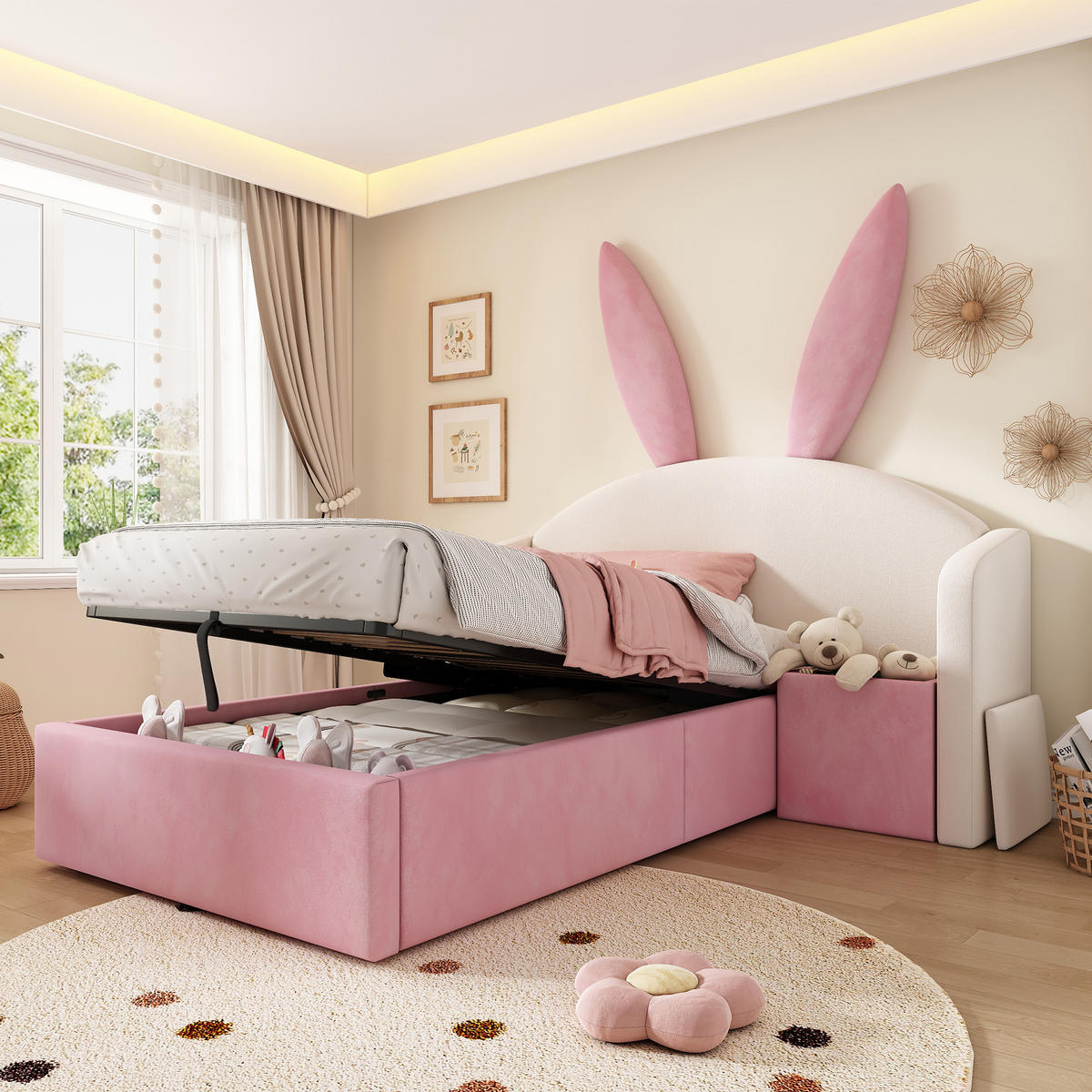 JUGENDBETT 90/200 cm in Beige & Rosa Samt mit Bettkasten und Nachttisch - Beige/Rosa, Holzwerkstoff/Textil (90/200cm) - WISHDOR