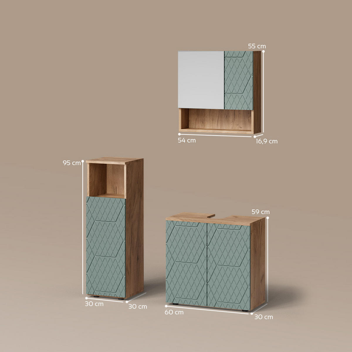 BADMÖBEL-SET Ronco Grün/Goldkraft Eiche 3 Teile - Honigeiche/Grün, Holzwerkstoff (60/59/30cm) - Livinity®