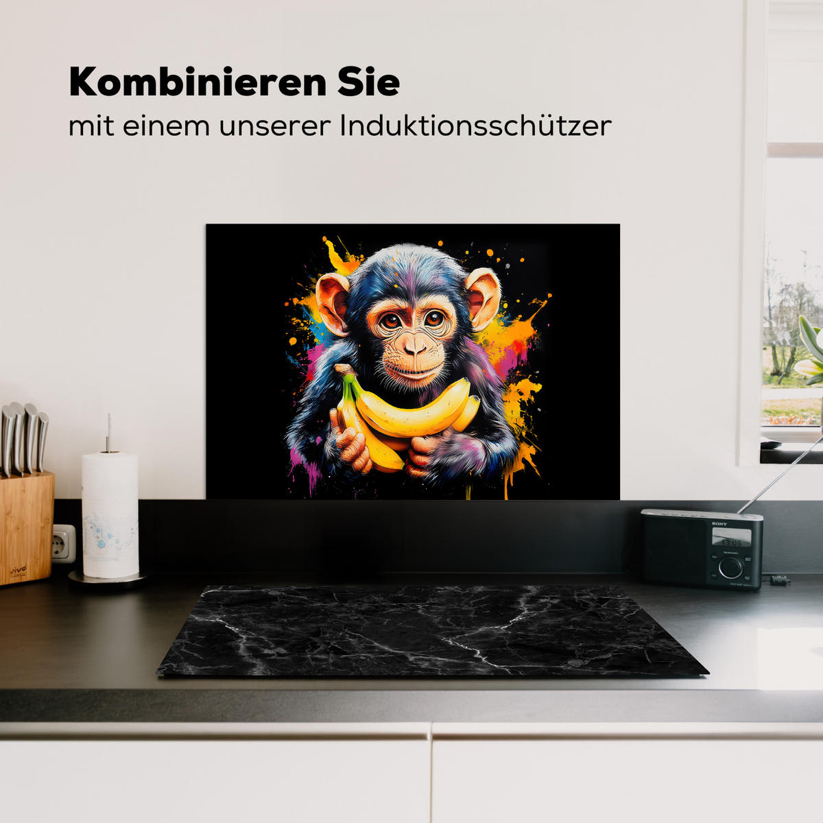 SPRITZSCHUTZ KÜCHE Affe - Graffiti - Farbenfroh - Bananen - Modern 60x40 cm - Gelb, Metall (60/0.3/40cm) - MuchoWow