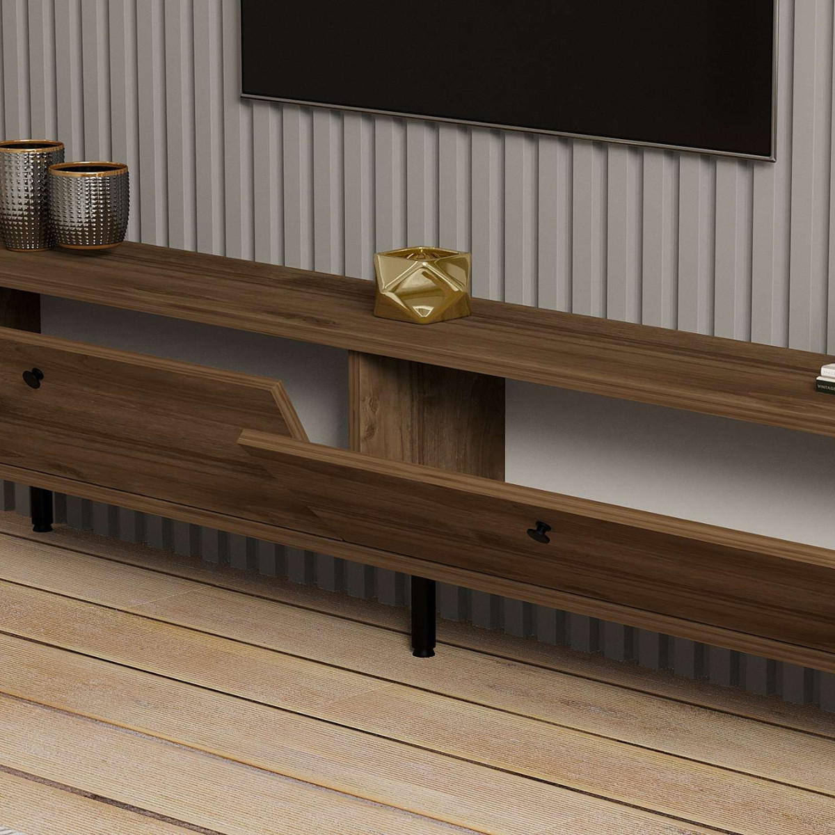 TV-MÖBEL mit 2 Klappen in Nussbaumdekor und schwarzen Metallfüßen 160/25/37 cm - Nussbaumfarben, Holzwerkstoff (25/37/43cm) - Calicosy