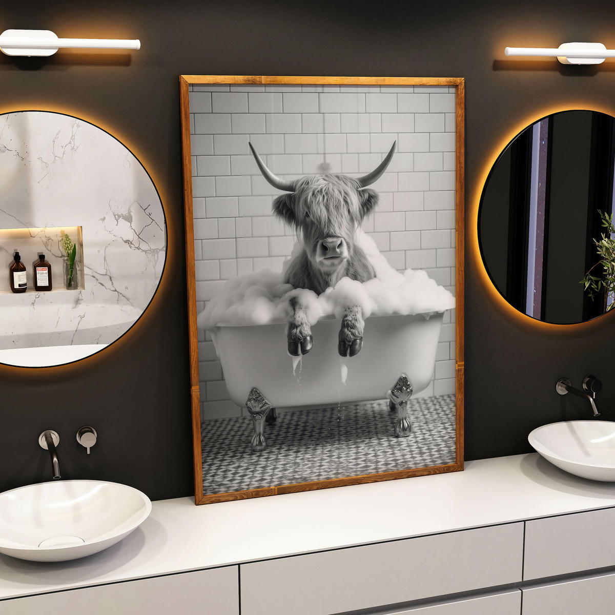 POSTER für WC Badezimmer SCHOTTISCHE KUH in Badewanne Schwarz-Weiß Abstraktion 30x40cm - Schwarz/Weiß, Papier (30/40/40cm) - Muralo