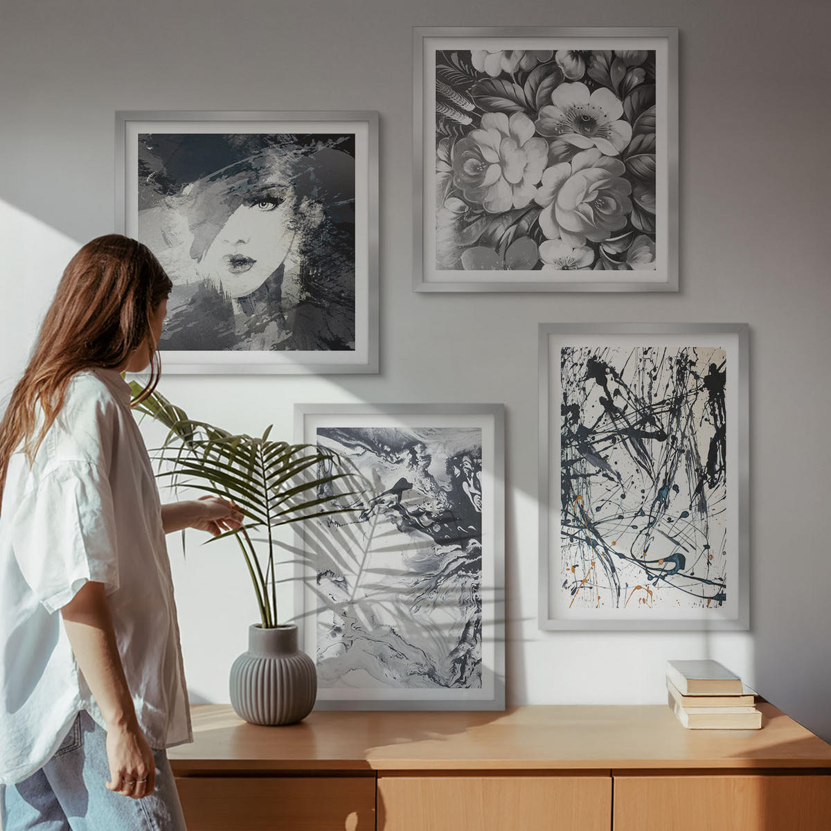 BILDER SET 4er Set - 50x50 cm & 40x60 cm Silberner Rahmen - Abstrakte schwarz-weiße Muster - Silberfarben, Kunststoff (50/50cm) - TULUP