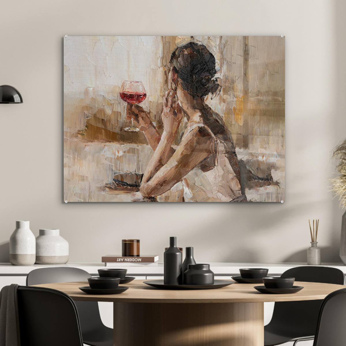 OBRAZ NA AKRYLOVOM SKLE Olejomaľba - Žena - Víno 80x60 cm - svetlohnedá, sklo (80/60cm) - MuchoWow