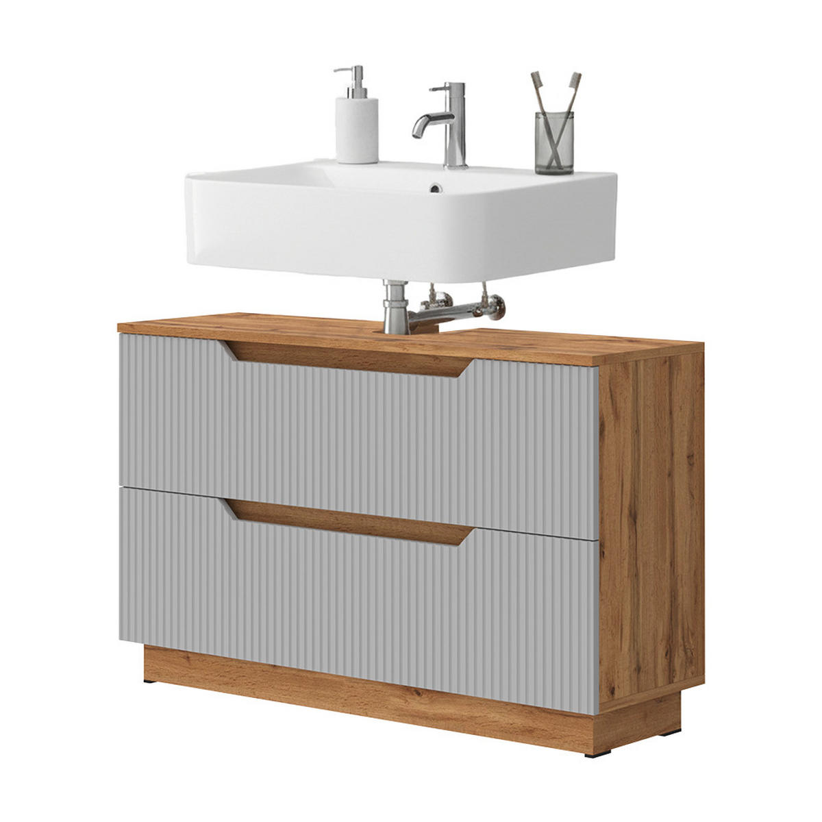 WASCHBECKENUNTERSCHRANK Lotta Eiche/Grau 99.4 x 62.5 cm mit 2 Schubladen - Eichefarben/Grau, Holzwerkstoff (99.4/62.5/32cm) - Vicco