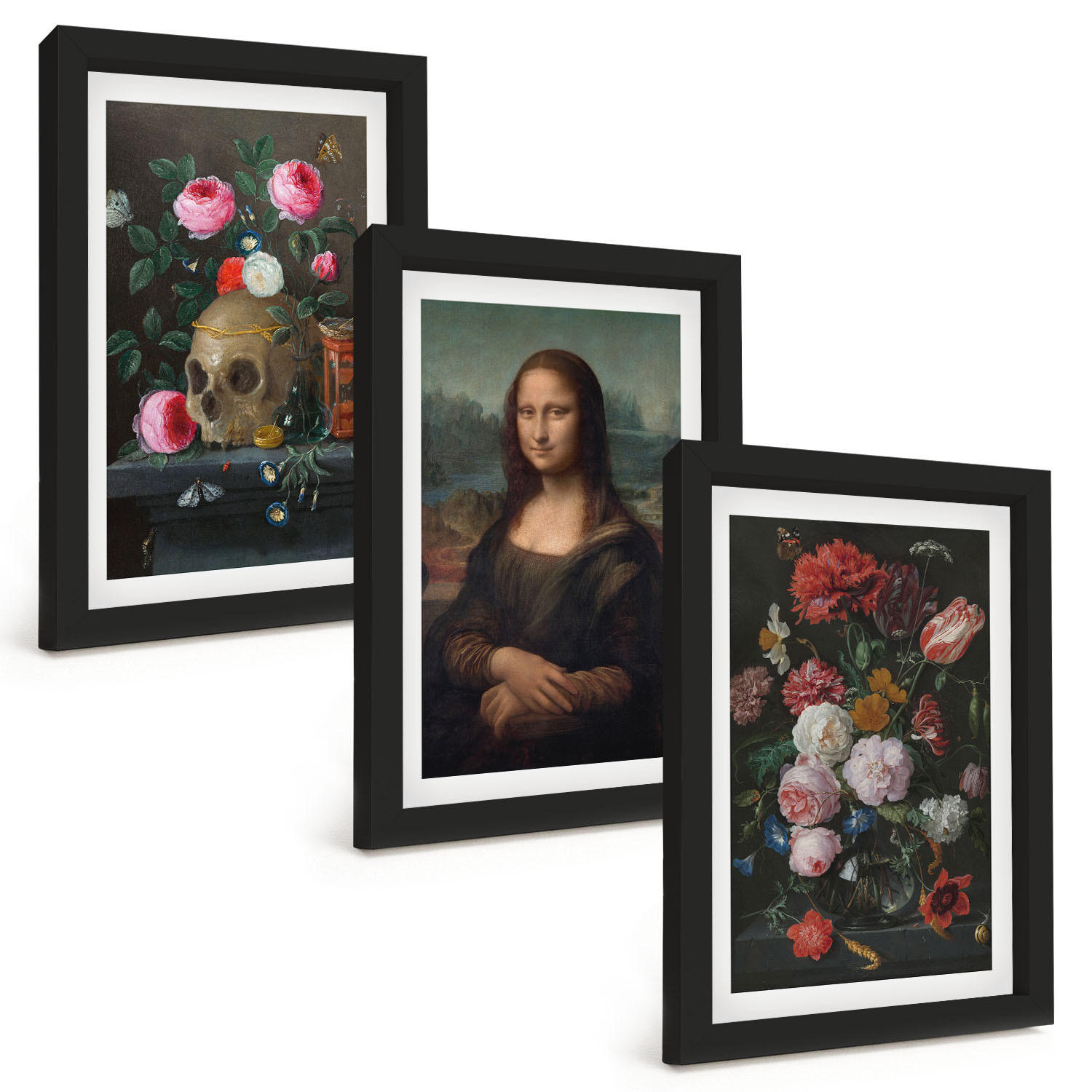 BILDER SET 3er Set - 20x30 cm Schwarzer Rahmen - Blumenschädel-Porträt Mona Lisa - Schwarz, Kunststoff (20/30cm) - TULUP