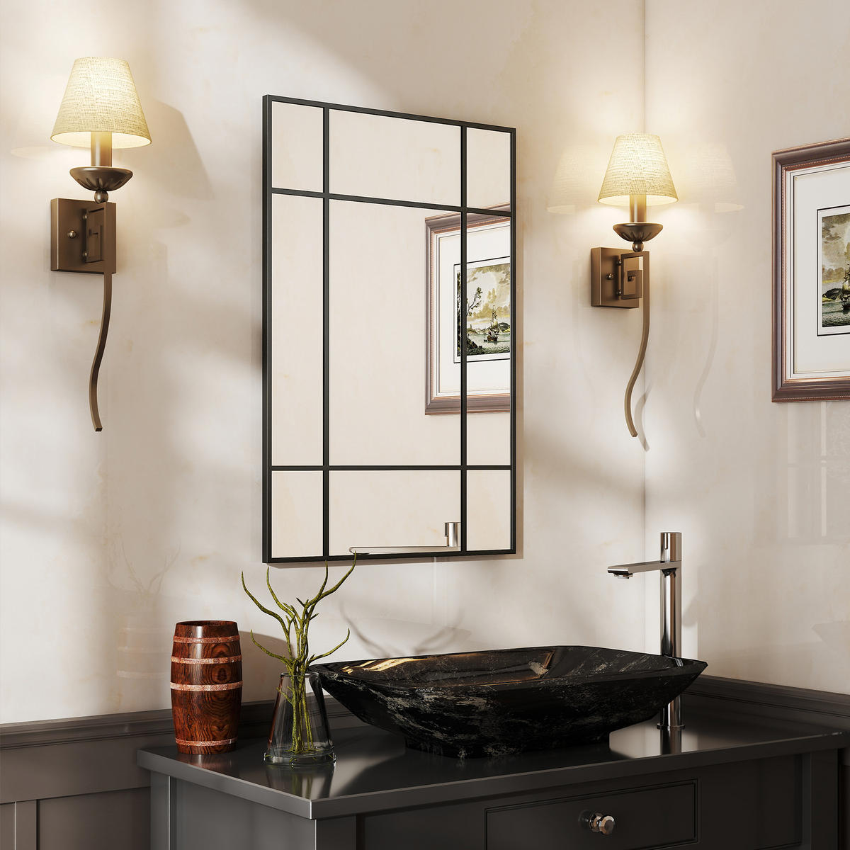 WANDSPIEGEL DE-14347 Fensterstil mit 4 Haken Schwarz - Schwarz, Glas (90/60/2cm) - ComfortXL