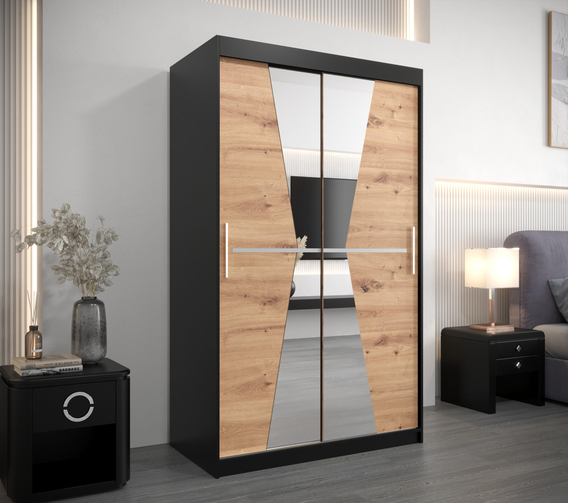 SCHWEBETÜRENSCHRANK 200/120/62 2-türig - Silberfarben/Schwarz, Holz/Kunststoff (120/200/62cm) - Abiks Möbel
