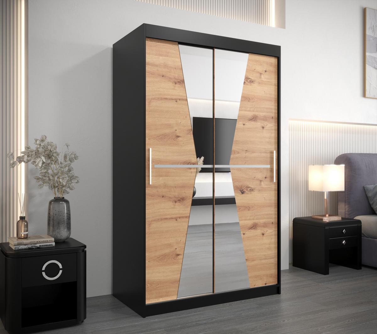 SCHWEBETÜRENSCHRANK 200/120/62 2-türig - Silberfarben/Schwarz, Holz/Kunststoff (120/200/62cm) - Abiks Möbel