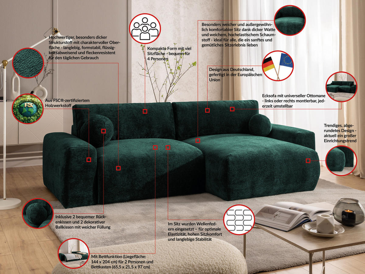 ECKSOFA Puffy mit Schlaffunktion und Bettkasten - besonders weich und puffig aus Grün Stoff mit Chenillestruktur - Ottomane rechts - Schwarz/Grün, Holz/Kunststoff (266/138cm) - S-Style Möbel
