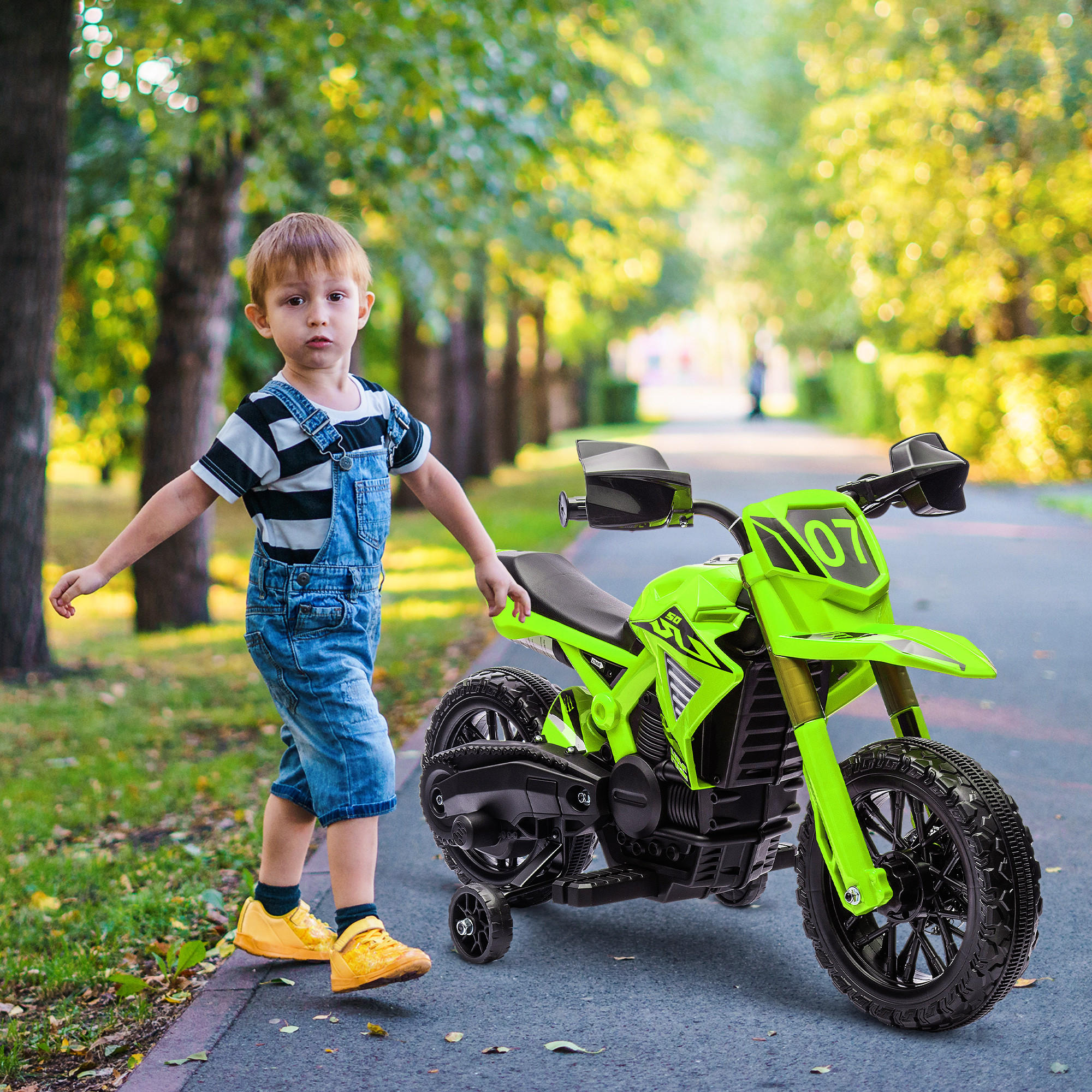 ELEKTRO-MOTORRAD für Kinder, 6V Batterie-Antrieb, Stützräder, Hupe, Startgeräusch, 3-8 Jahre, Grün - Grün, Kunststoff/Metall (105/57/62cm) - AIYAPLAY